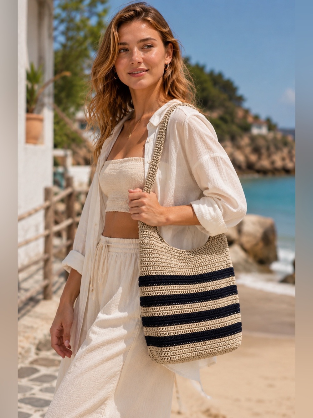 Tommy Bahama Hand-Crocheted Beach Tote Bag 🌊🤍💙